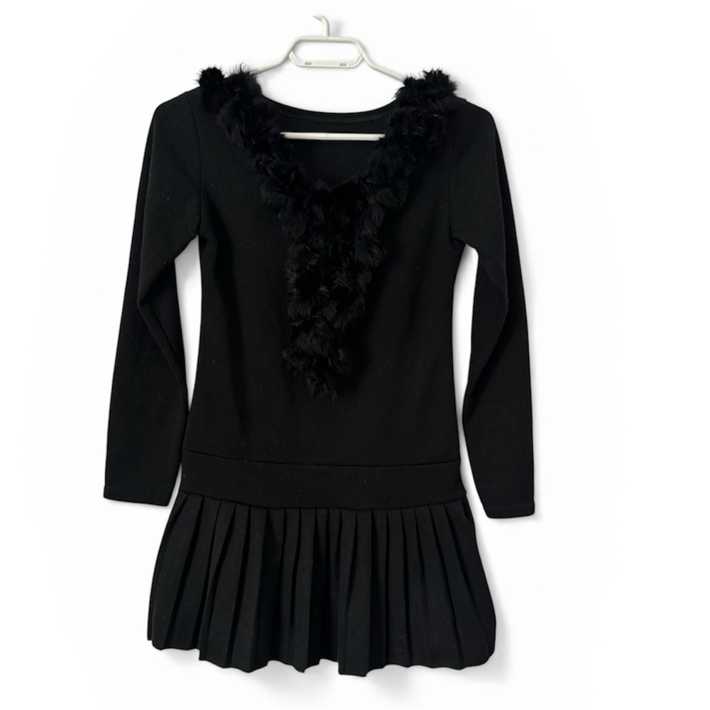 Black Faux Fur Trim Tunic Top / Mini sweater Dress – XS/S